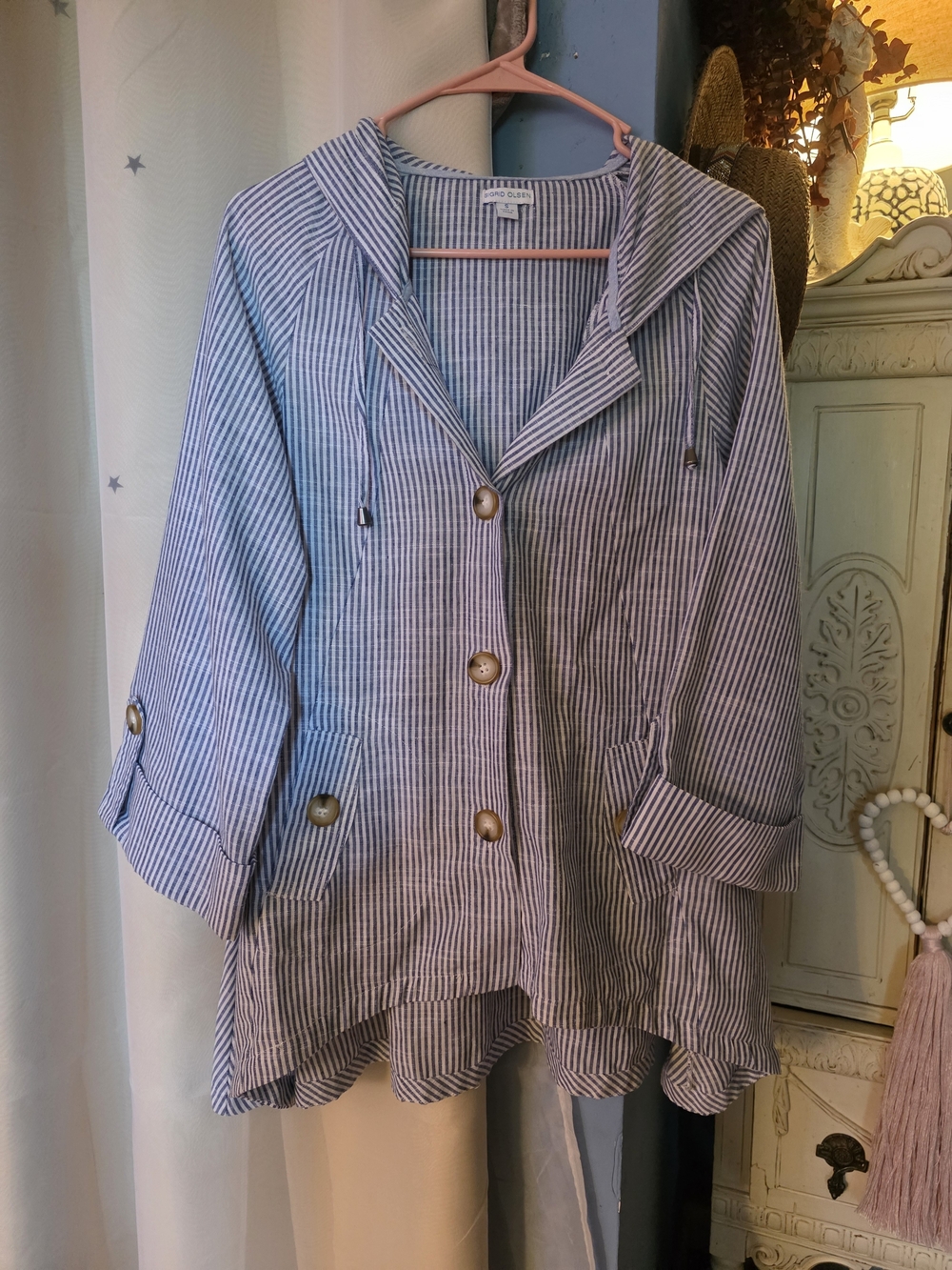 Sigrid Olsen Blue and White Striped Hooded Button Jacket